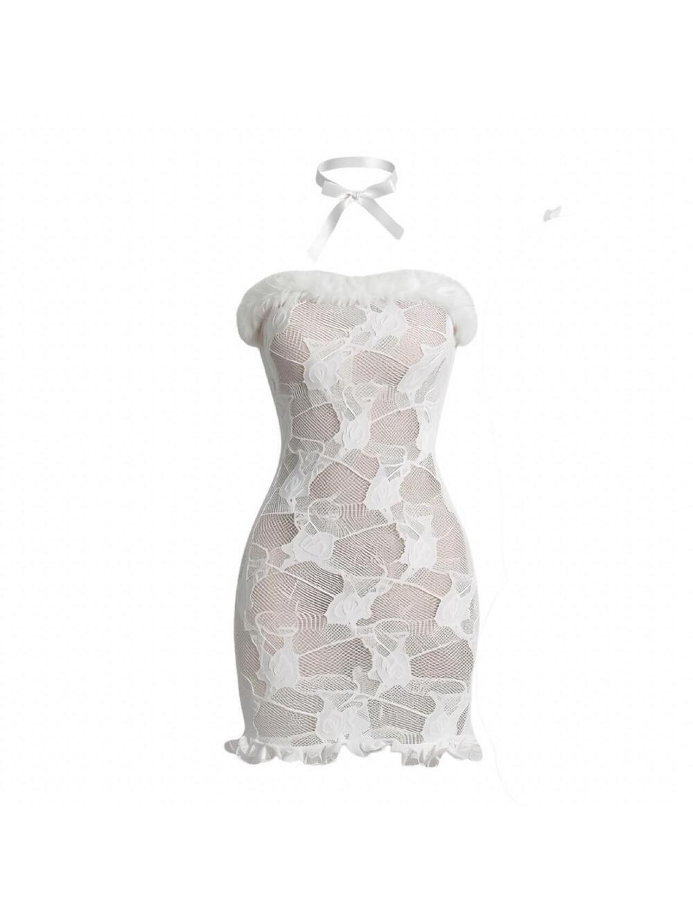 Angelic White Fishnet Feather Trim Mini Dress